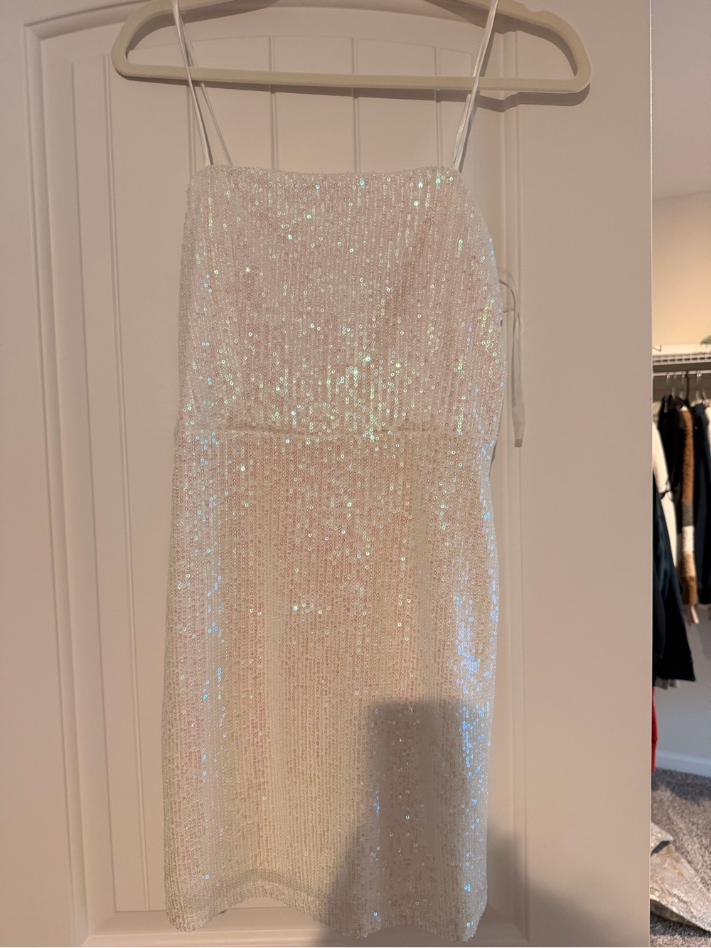 Crystal Sky White Sequin Spaghetti Strap Cocktail Dress